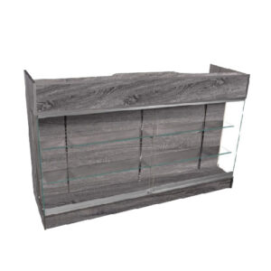 RUSTIC GREY LEDGETOP COUNTER W/SHOWCASE FRONT: 72" x 22" x 42"H; LEDGE: 8 3/4"D; FRONT SLIDING GLASS W/LOCK & KEYS; TWO TEMPERED GLASS ADJUSTABLE SHELVES- 8"D; PRE-DRILLED HOLES FOR WIRING; BACK FEATURES 4 ADJUSTABLE SHELVES