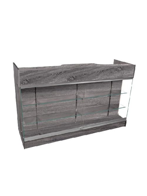 RUSTIC GREY LEDGETOP COUNTER W/SHOWCASE FRONT: 72" x 22" x 42"H; LEDGE: 8 3/4"D; FRONT SLIDING GLASS W/LOCK & KEYS; TWO TEMPERED GLASS ADJUSTABLE SHELVES- 8"D; PRE-DRILLED HOLES FOR WIRING; BACK FEATURES 4 ADJUSTABLE SHELVES