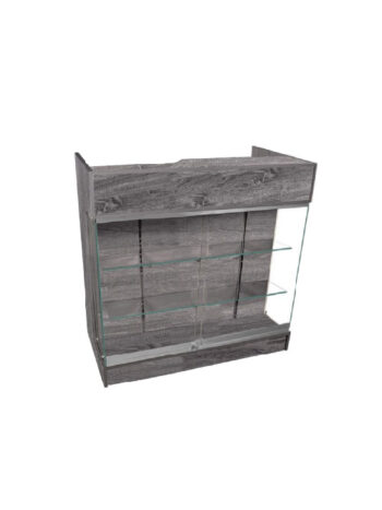 RUSTIC GRAY LEDGETOP COUNTER W/SHOWCASE FRONT: 48" x 22" x 42"H; LEDGE: 8 3/4"D; FRONT SLIDING GLASS W/LOCK & KEYS; TWO TEMPERED GLASS ADJUSTABLE SHELVES; PRE-DRILLED HOLES FOR WIRING; BACK FEATURES 1 DRAWER W/LOCK & KEYS & 2 ADJUSTABLE SHELVES